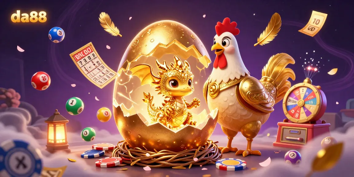Engage with da88 in a vibrant 3D gambling scene featuring a crystalline gold dragon, poker chips, and dynamic lottery elements.