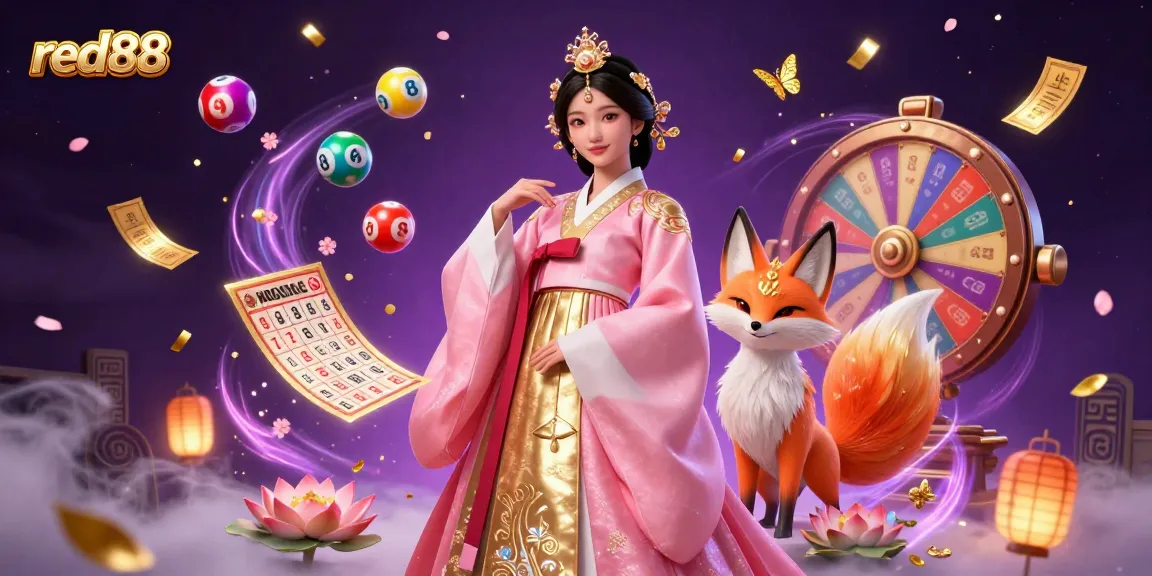 Experience winning moments at red88 with vibrant lottery balls and a lucky fox in a colorful casino scene.