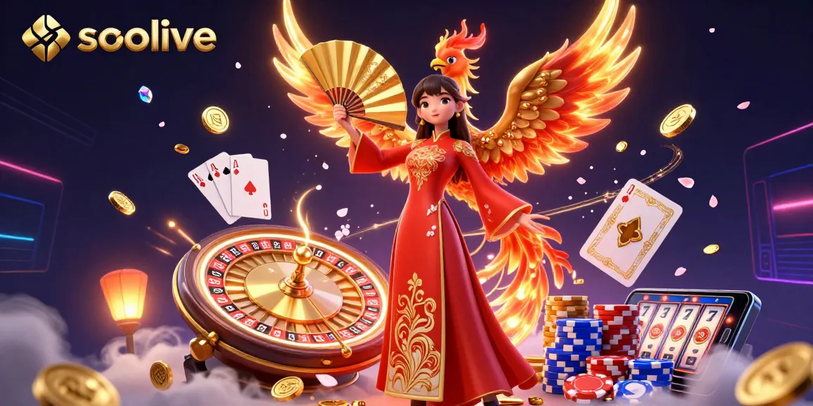 Socolive offers thrilling live betting with a stunning illustration of a woman in traditional clothing, phoenix, and dynamic casino elements.