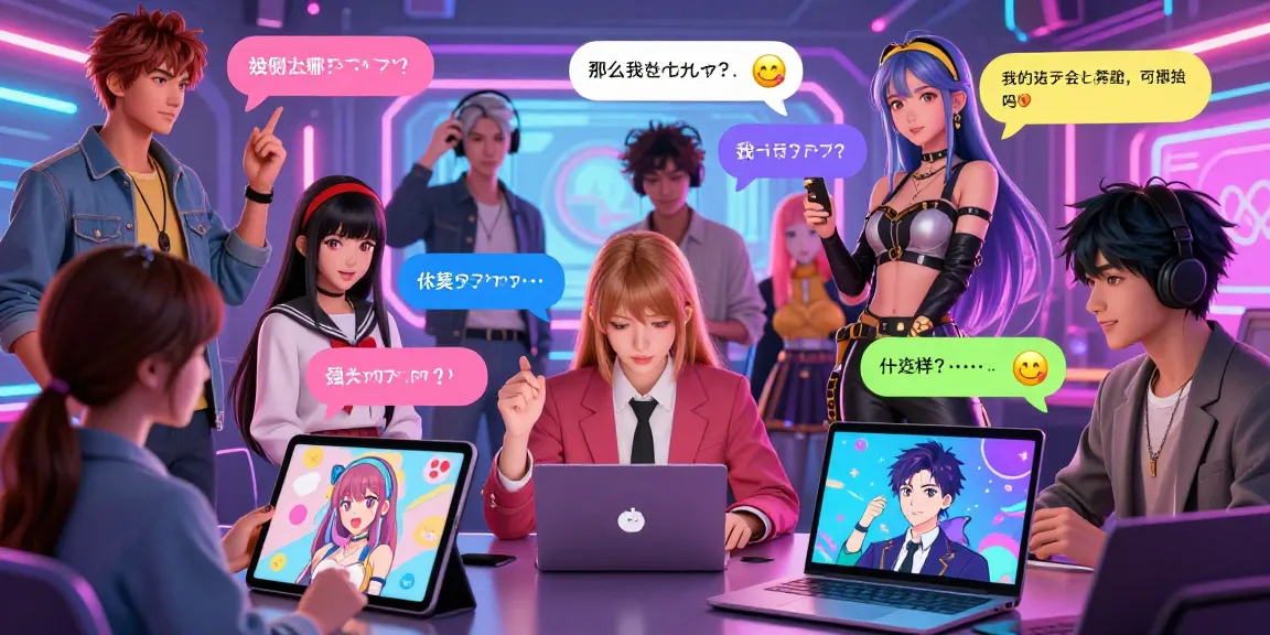 Engaging ecchi chat AI interaction scene with diverse characters and upbeat atmosphere.