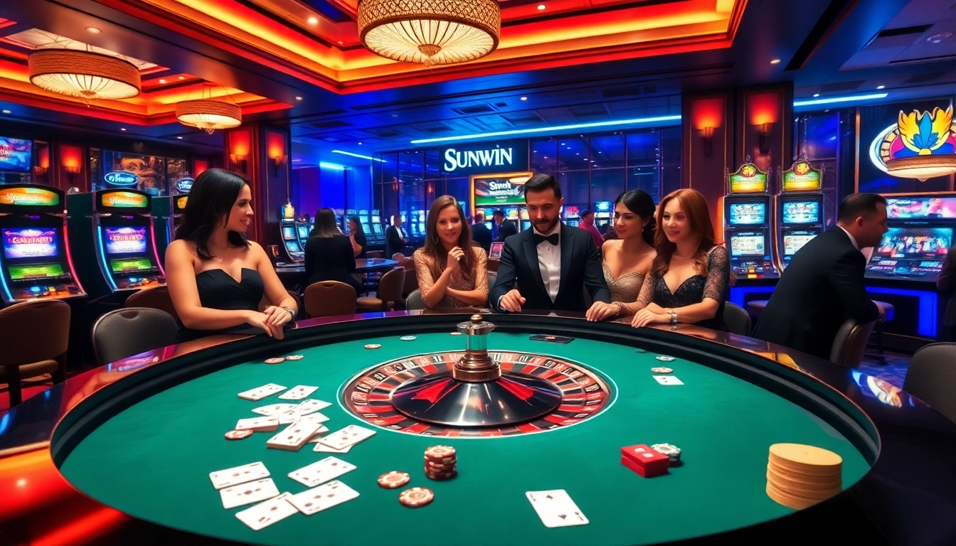 Sunwin casino players enjoying roulette and poker in an elegant atmosphere.