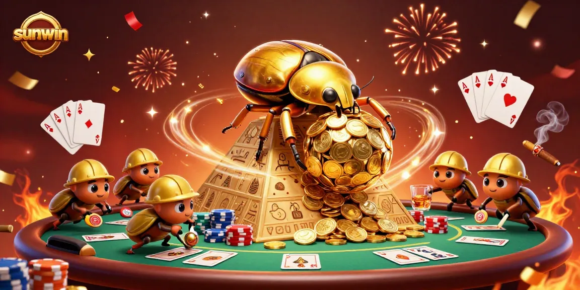Experience thrilling wins at sunwin as a golden beetle rolls towards jackpots amidst casino symbols.