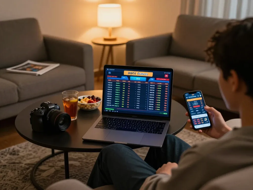 Engaging in live betting for บอล ออนไลน์ on a laptop at home, showcasing strategic gaming atmosphere.