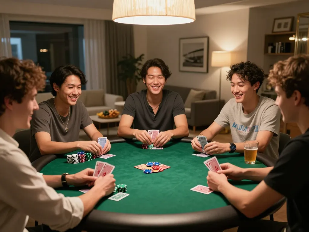 Friends enjoying a poker night at home with BL555 cards and chips visible, creating a social gambling atmosphere.