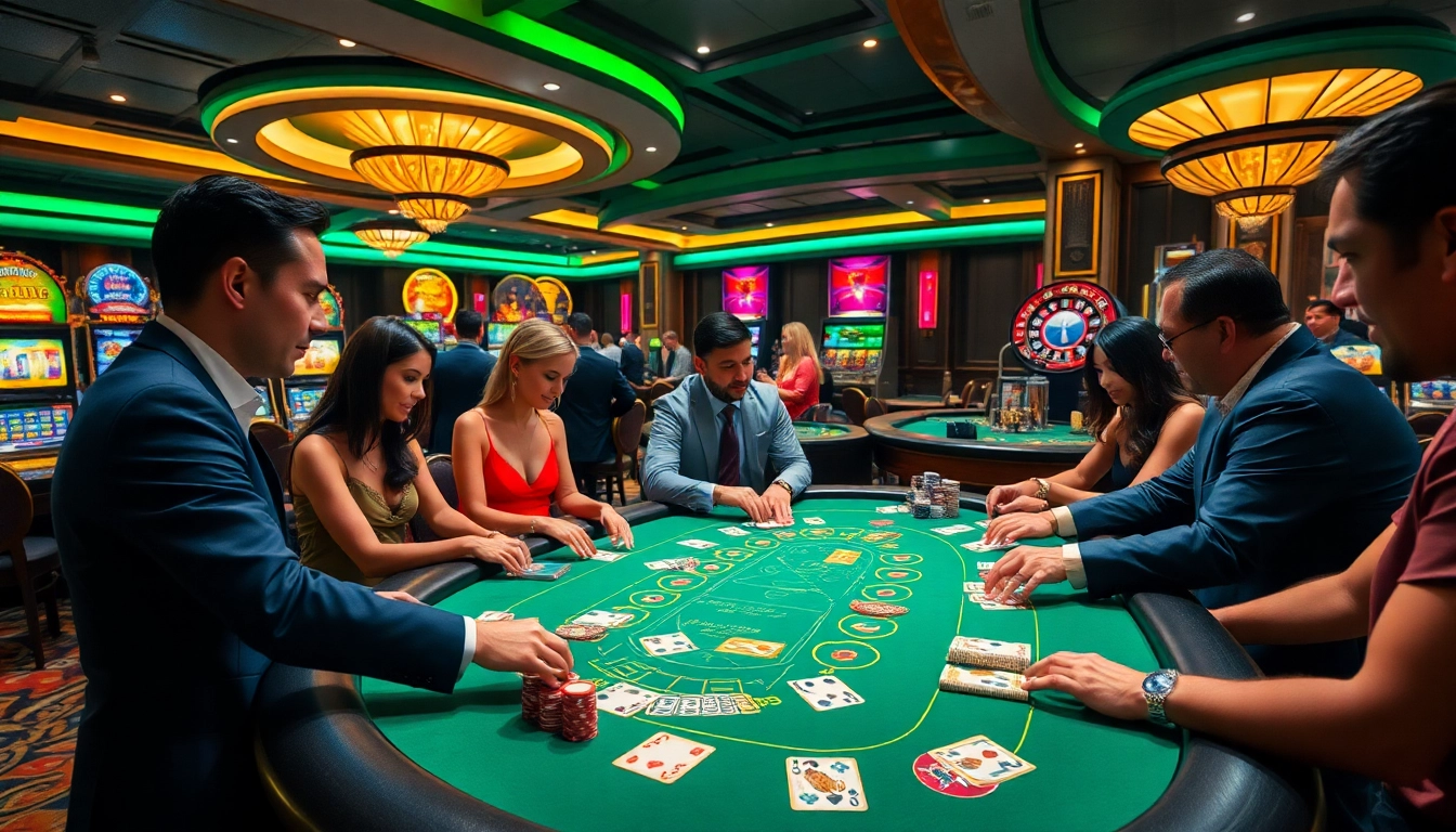 Players at the blackjack table experiencing the thrill of kk win, surrounded by vibrant casino elements.