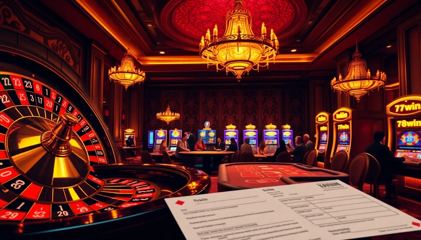 Gambling excitement at 78win with players at a vibrant poker table and roulette wheel.
