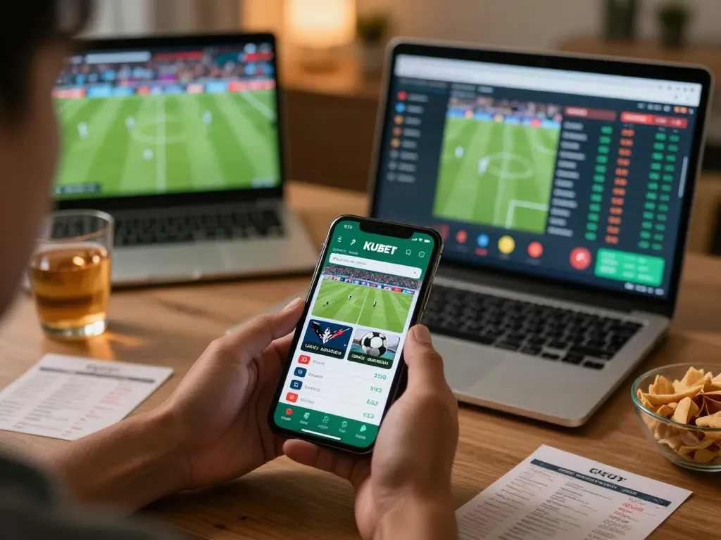 Placing bets on the KUBET app during a live sports match with a smartphone.