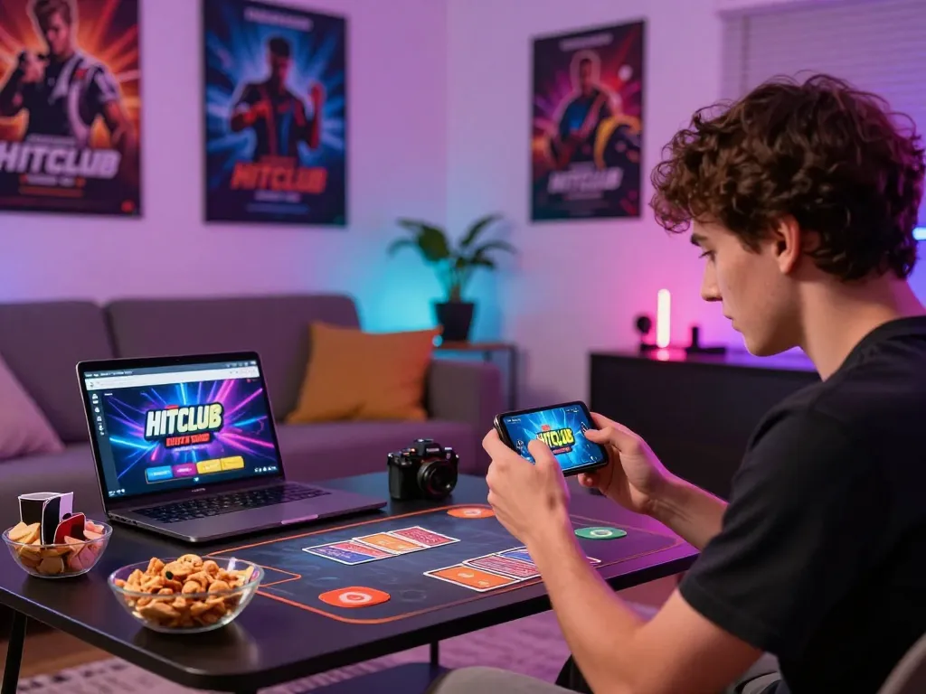 Young adult playing tải game hit club on smartphone in a stylish living room, showcasing gaming posters and an exciting atmosphere.