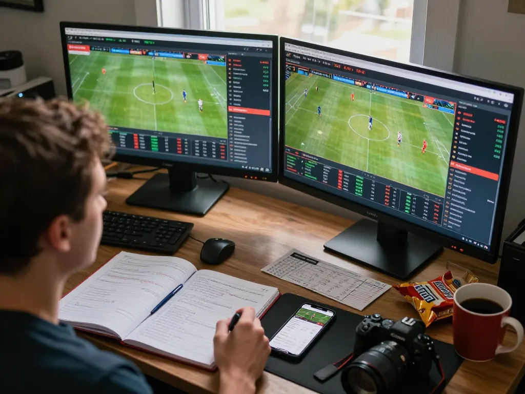 Engaged bettor using sports betting app on https://www.mnm88.com/ while analyzing live games and strategies at home