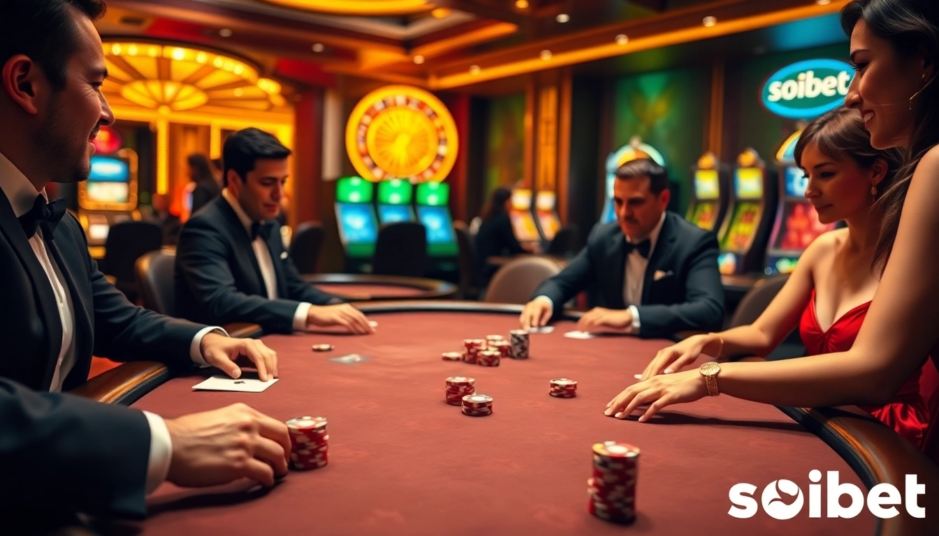 Players enjoying a thrilling poker game at Soibet casino with colorful chips and cards.