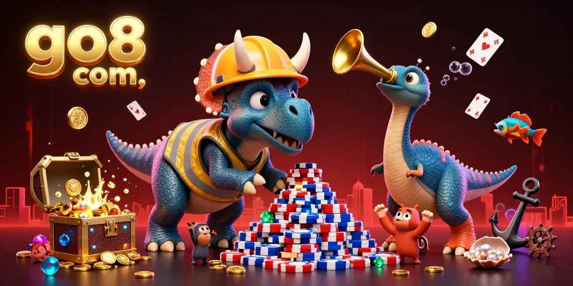 Engage with the thrill at go8 com as a triceratops celebrates with poker chips amidst a vibrant casino scene.