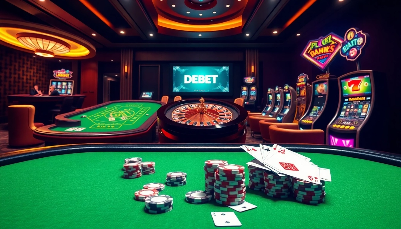 A vibrant gaming scene at Nhà Cái DEBET highlighting poker tables and roulette wheels in a luxurious casino.