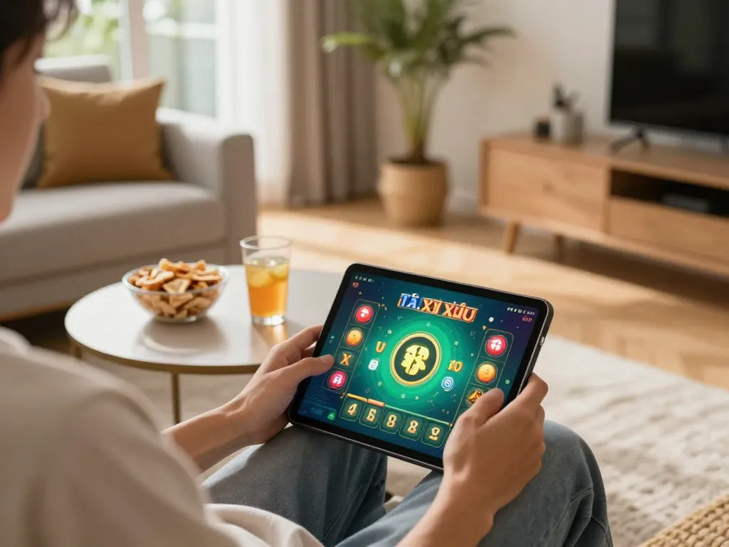 Playing tài xỉu online in a cozy home setting with tablet and snacks.