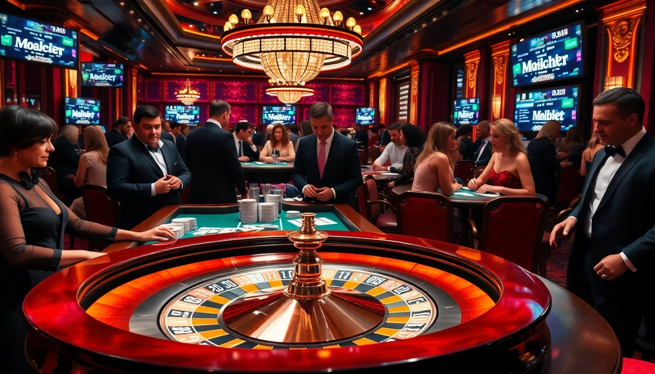 Players experiencing the thrill of gambling at Mubet's luxurious casino tables.