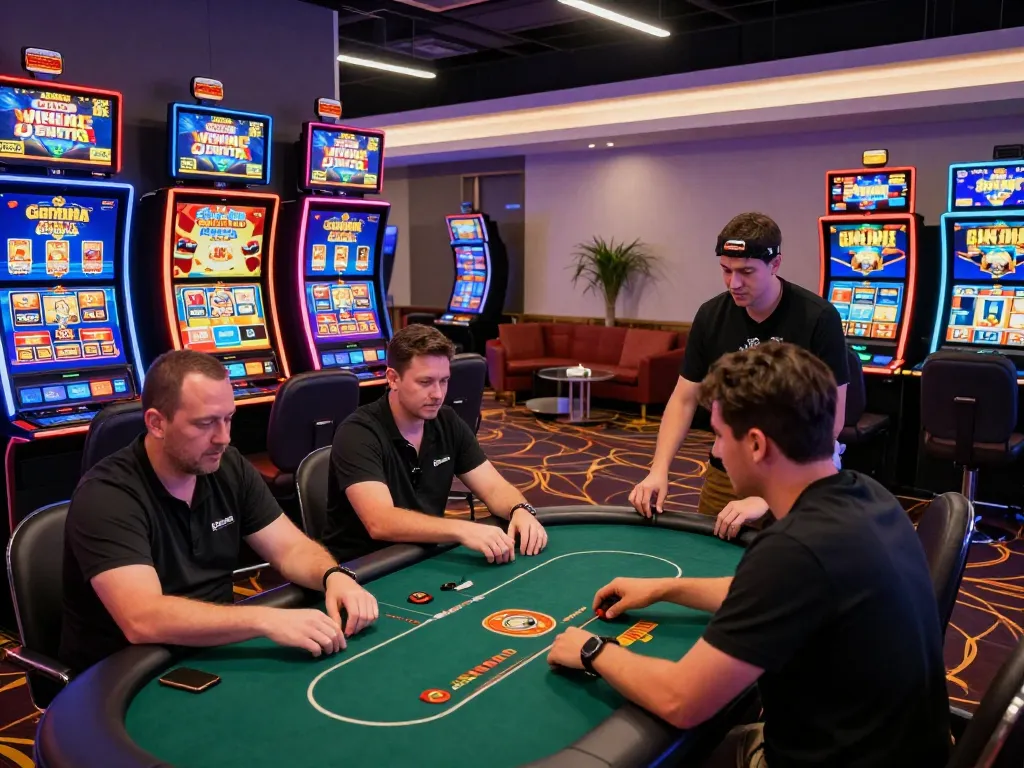 Players enjoying thrilling gaming experience at gem88 online casino with vibrant atmosphere.