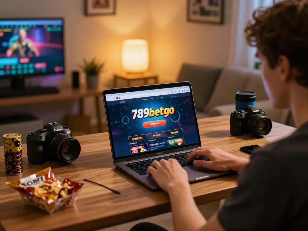 Person using 789betgo laptop for online casino gaming, focused on winning strategies.