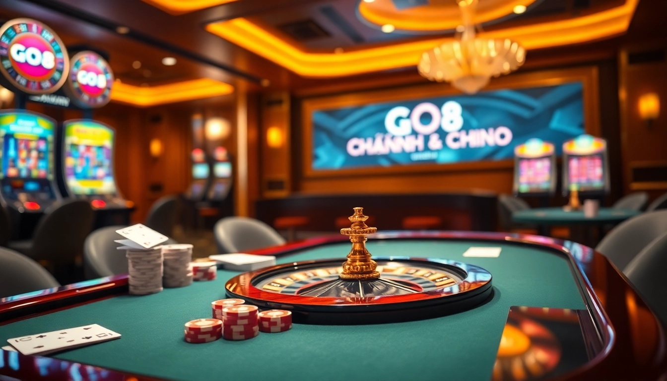Experience the excitement of GO8 CHÍNH CHỦ in a luxurious casino setting with cards and roulette.