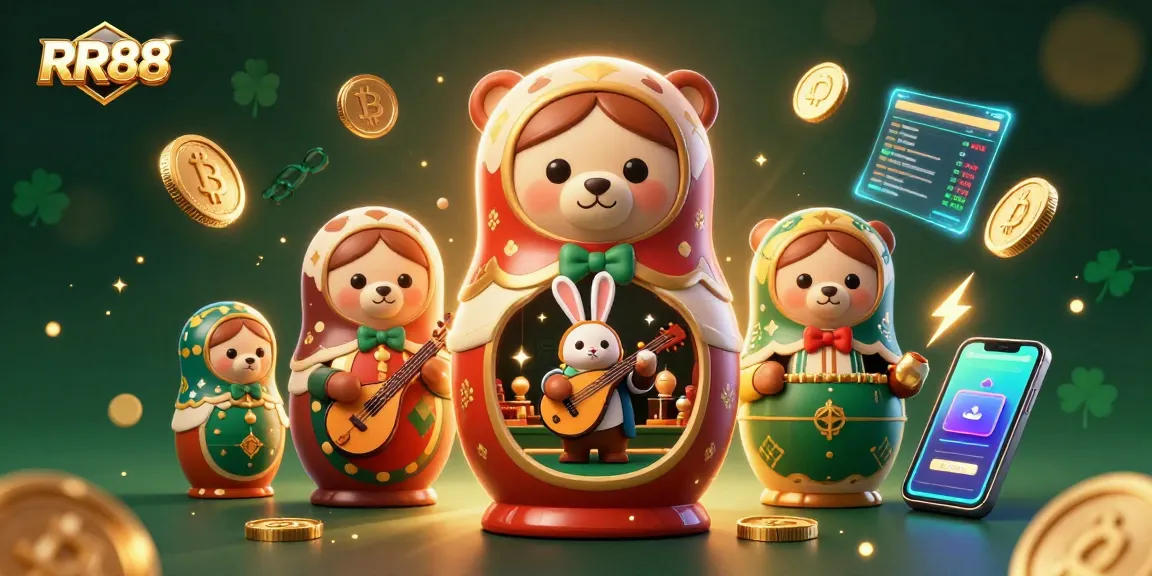 Spin and win at RR88, featuring colorful 3D cartoon bears and crypto coins in a vibrant casino atmosphere.