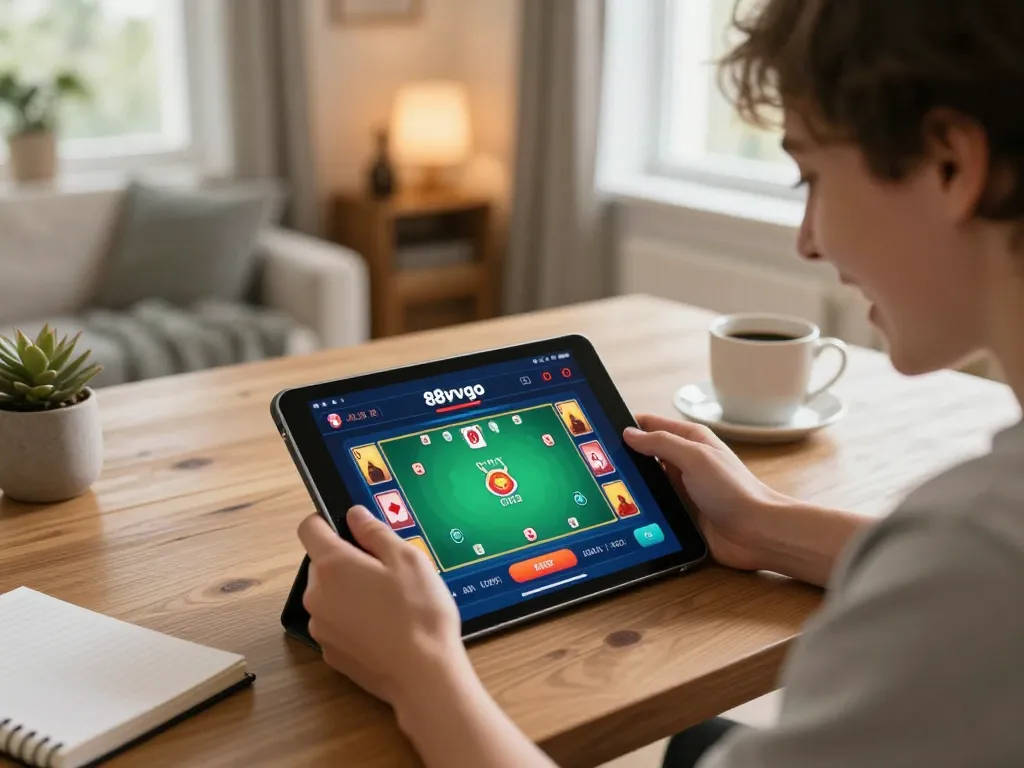 Engaging online gambling moment with 88vvgo app on tablet, showcasing strategic gameplay environment