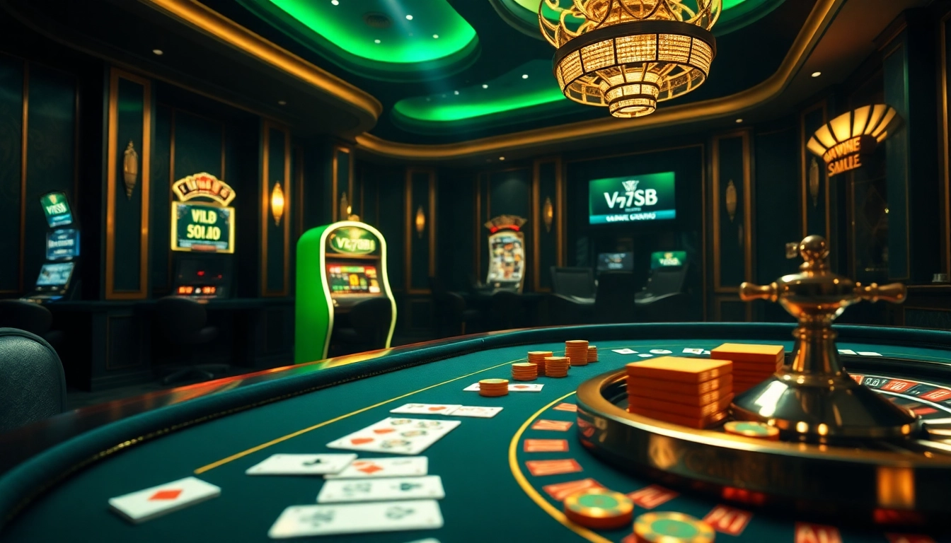 A dynamic gambling scene with V7SB showcasing poker chips, cards, and vibrant slot machines.
