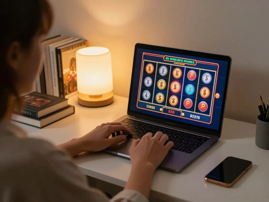 Engaged player using https://tr88.pics/ for online casino gaming on their laptop, showcasing a cozy home atmosphere.