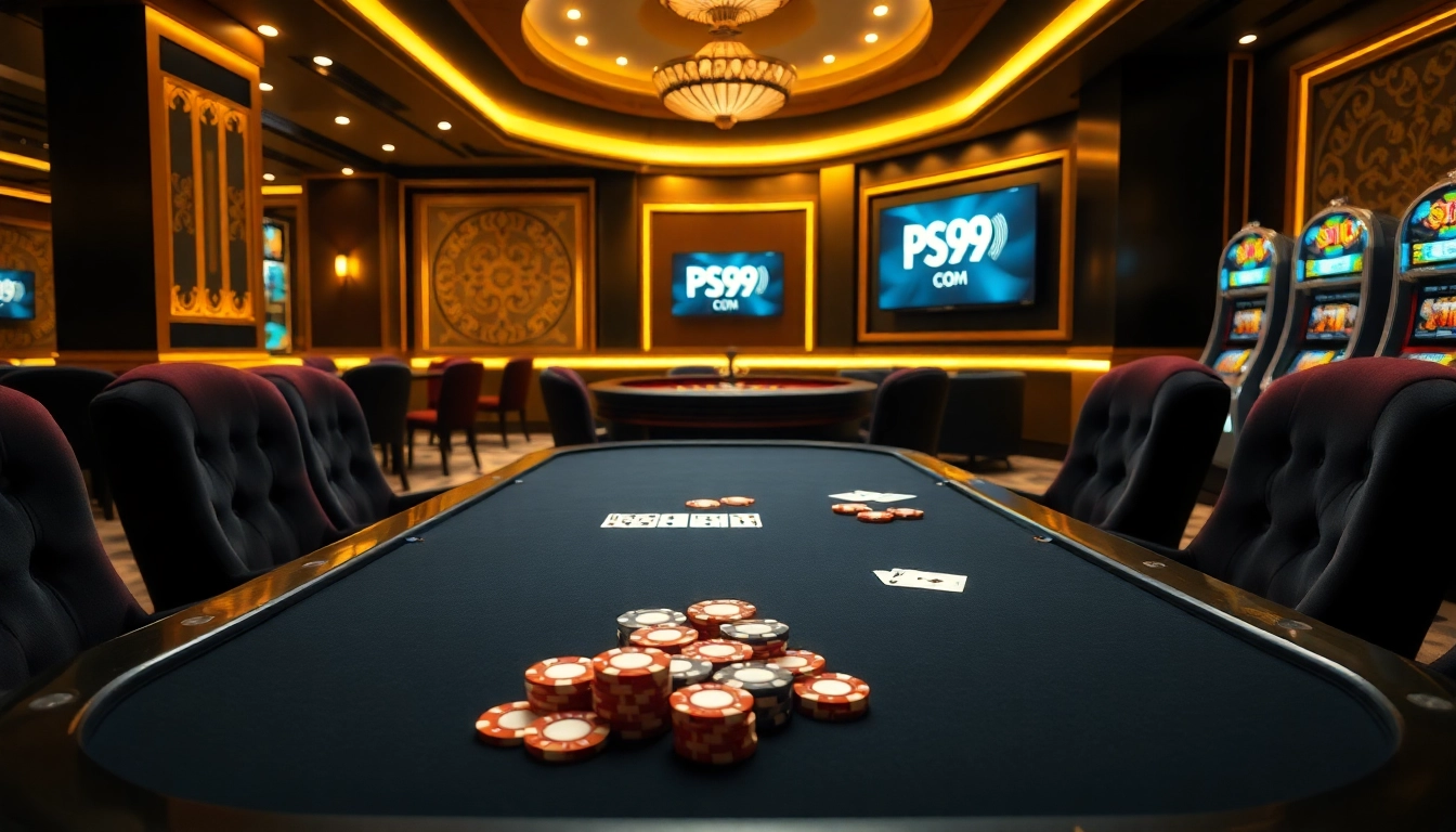 Experience the thrill of gambling at PS99 COM's luxurious casino atmosphere with elegant tables and chips.