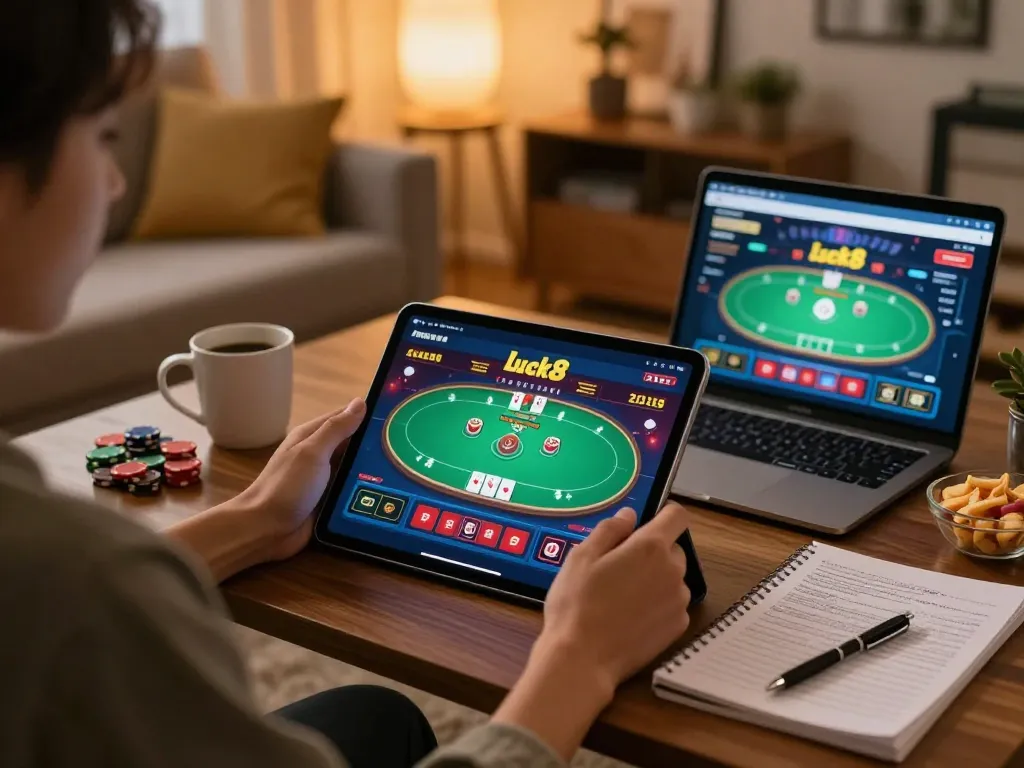 Engaging with luck8 casino app while enjoying a cozy home gaming atmosphere