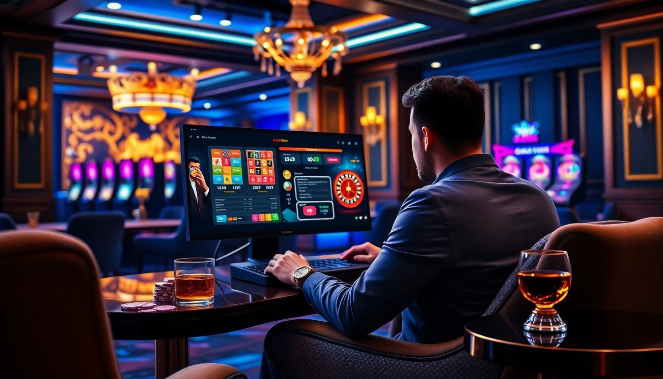 Experience the thrill of QQ88z Net as players engage with digital slot machines and roulette from a luxurious online casino.