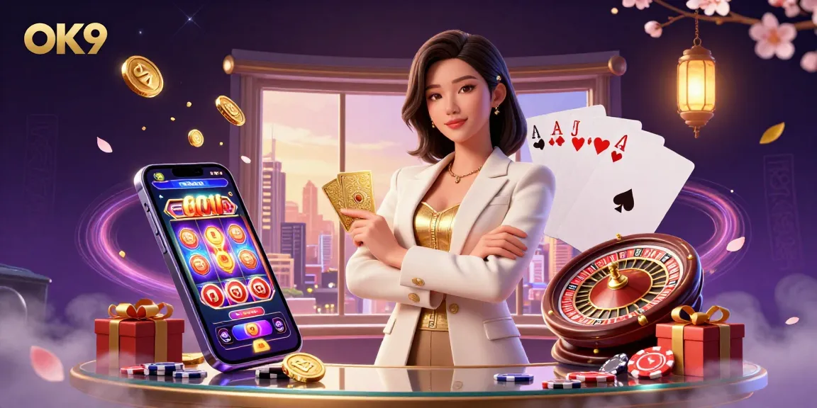 Engage in elite gaming strategies at OK9 with an elegant woman holding playing cards amidst a vibrant casino scene.