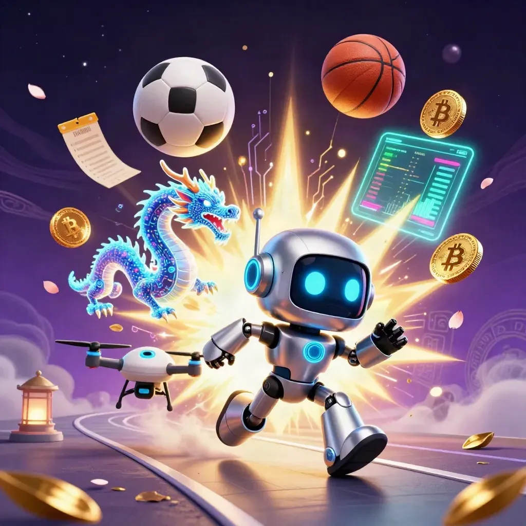 Cyberpunk robot, dragon and drone burst around flying balls, coins and neon betting tech.