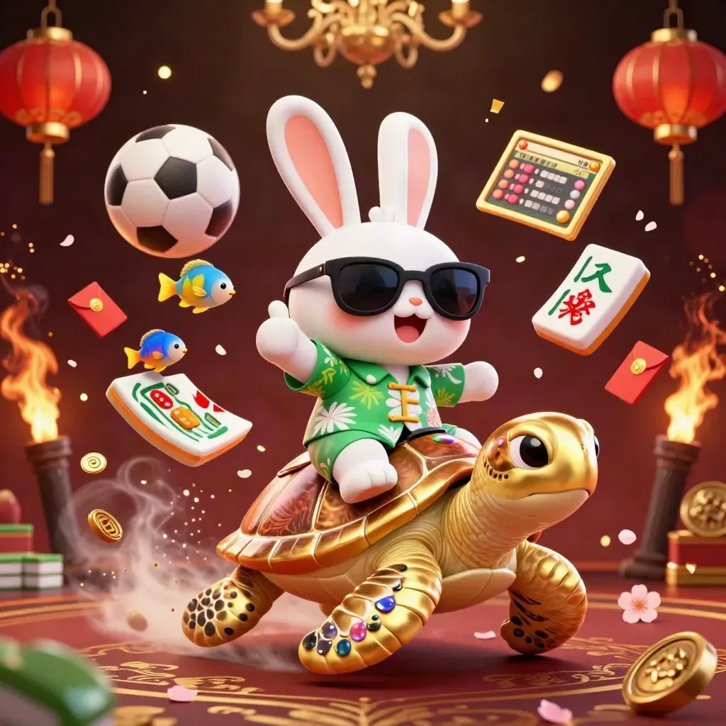 Lucky rabbit rides gem-shelled sea turtle through casino fireworks and gold-lit tropical chaos.