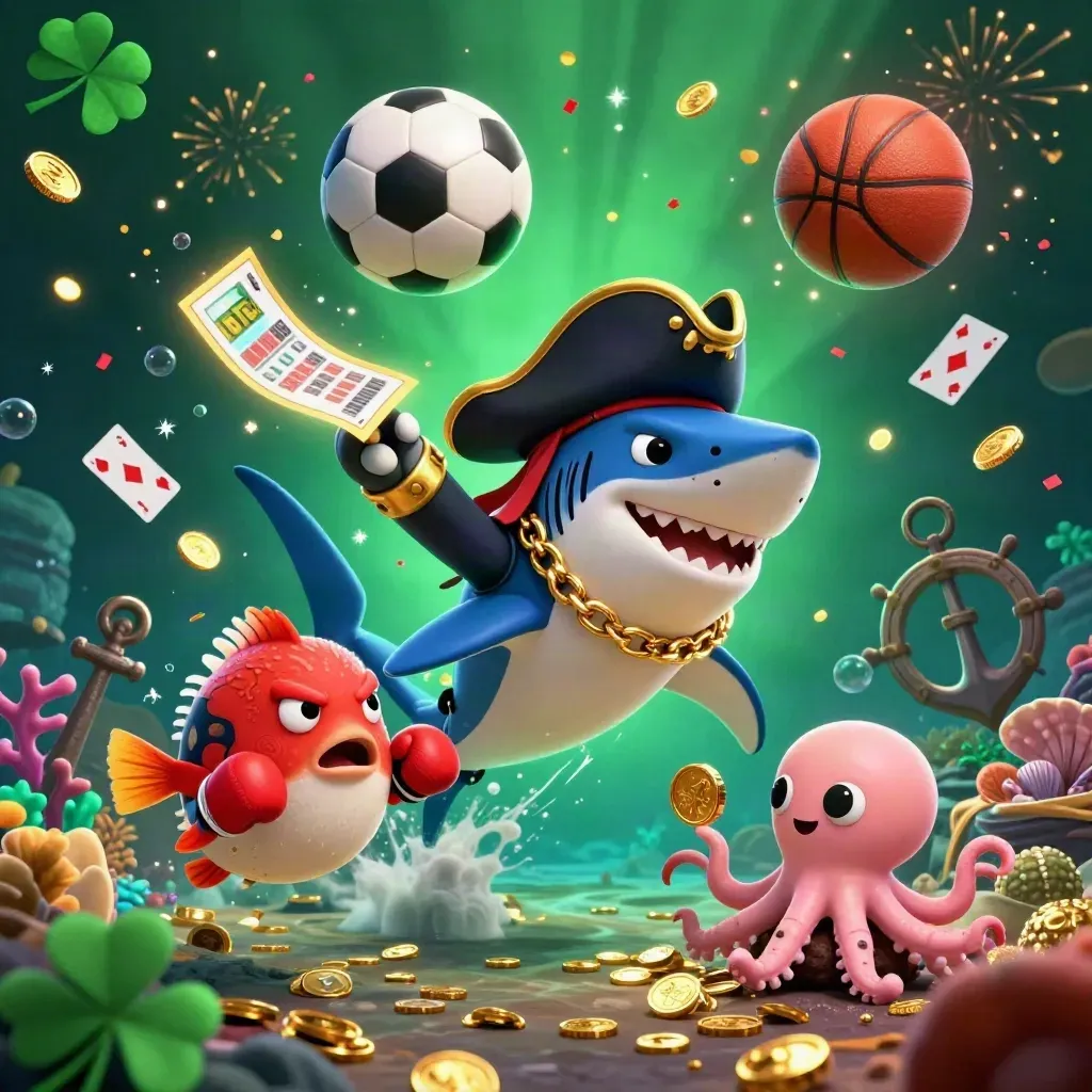 Pirate shark, boxing pufferfish, and juggling octopus amid coins, coral, and glowing underwater casino effects