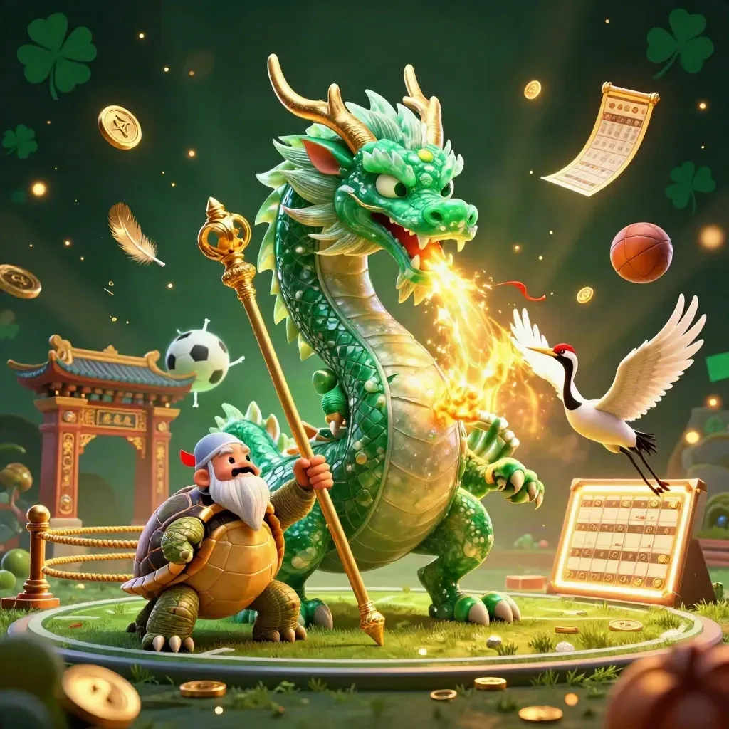 Emerald dragon, turtle sage and cranes amid gold fire, coins and sports balls in casino glow.