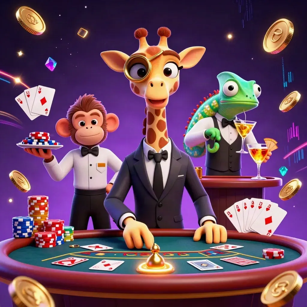 Giraffe, monkey, and chameleon in a neon casino scene with spinning wheel, cards, coins, and gems.