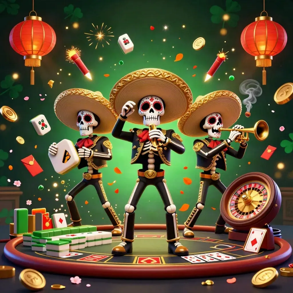 Skeleton mariachi trio amid casino symbols, roulette wheel, lanterns, and emerald-gold glow.