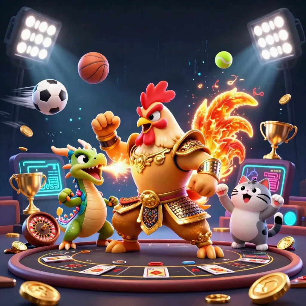 Samurai rooster, dragon hatchling and fortune cat amid casino lights, balls, trophy and coins.