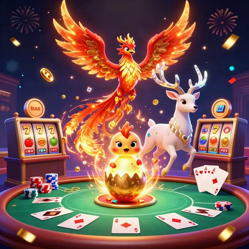 Phoenix, hatchling and stag amid poker chips, aces, glowing casino magic on dark navy.