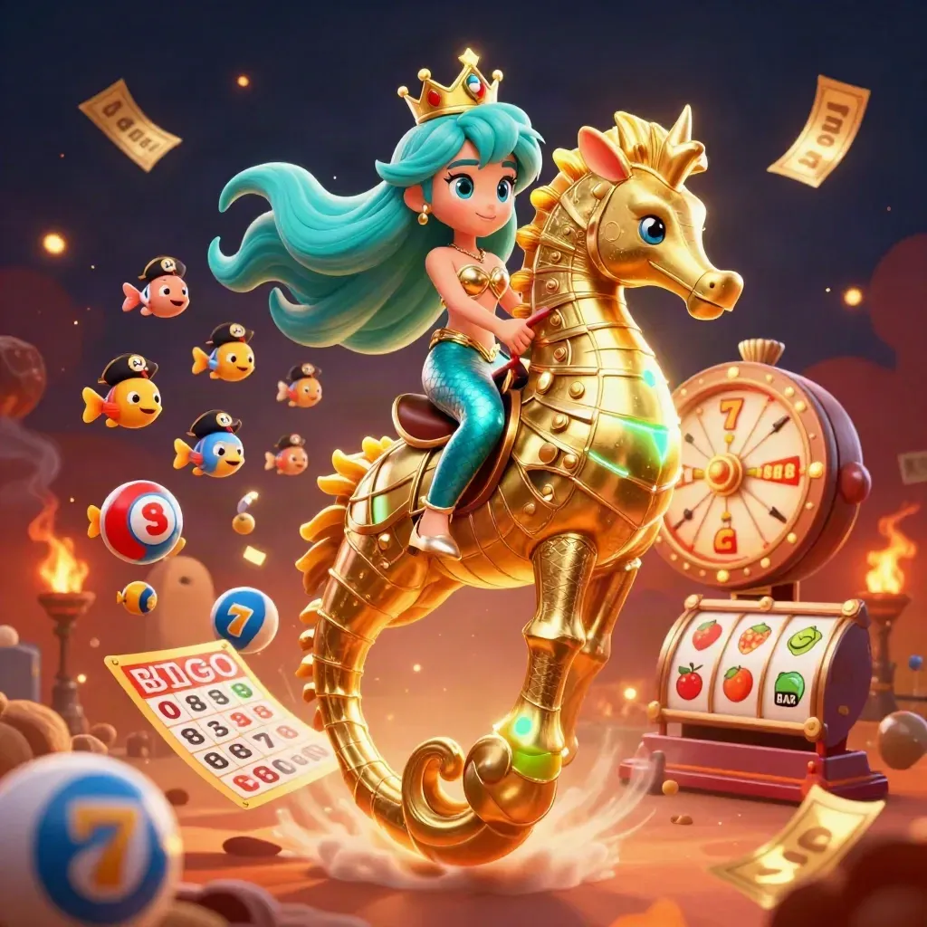 Mermaid princess on a gold seahorse amid lottery balls, prize wheel, and ember glow.