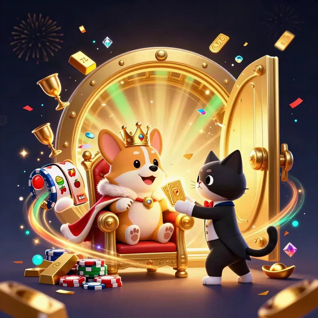 Royal corgi and cat butler amid vault treasure, gems, confetti, and neon casino energy.