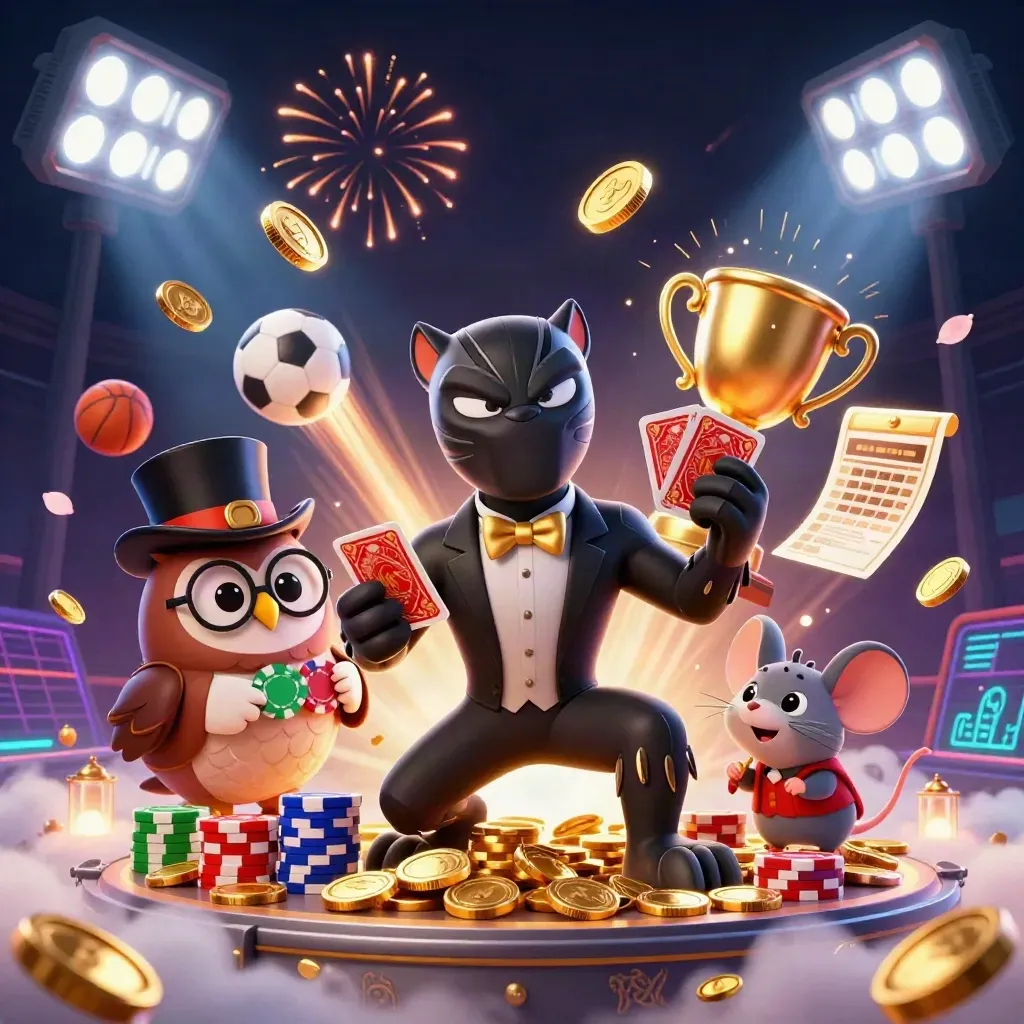 Panther, owl and mouse amid coins, trophies, balls and fireworks in a neon casino vault.