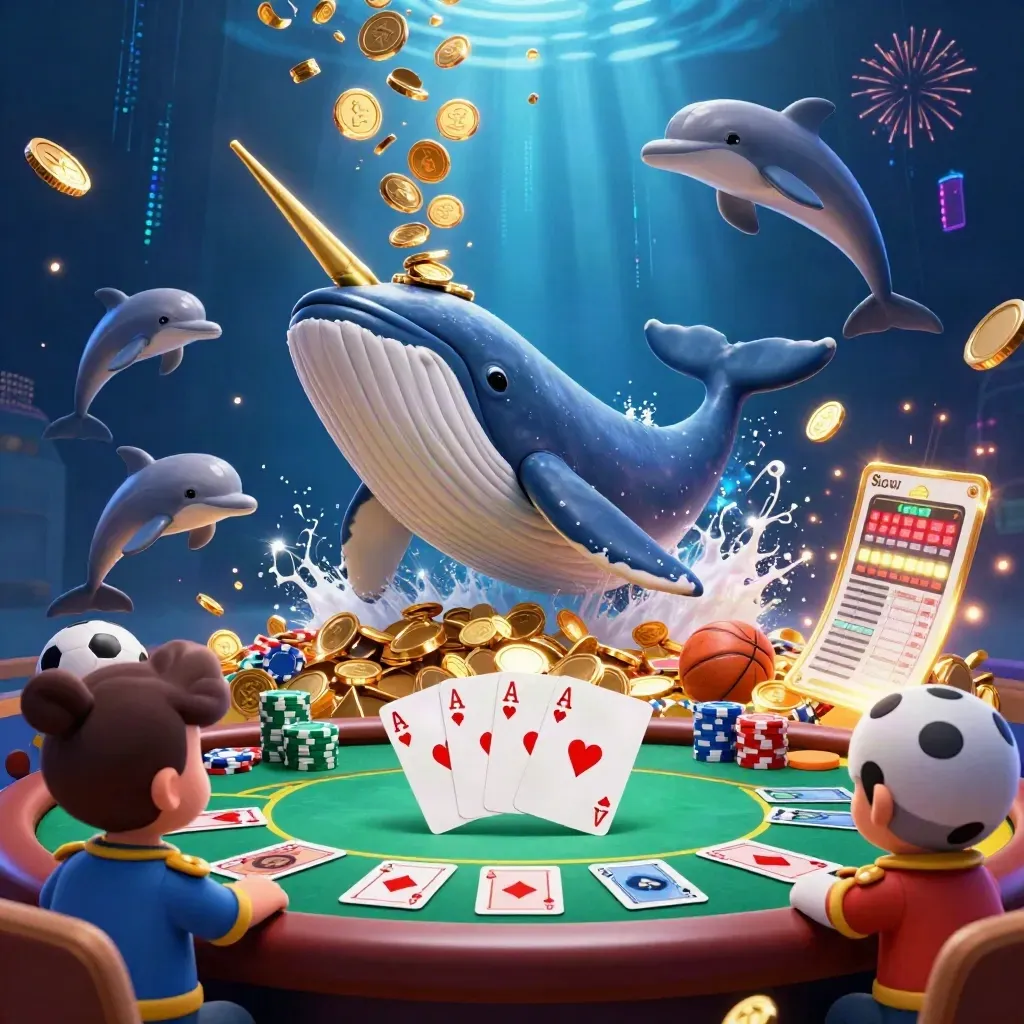 Whale captain, narwhal and dolphins burst from coins with chips, aces and neon casino effects.