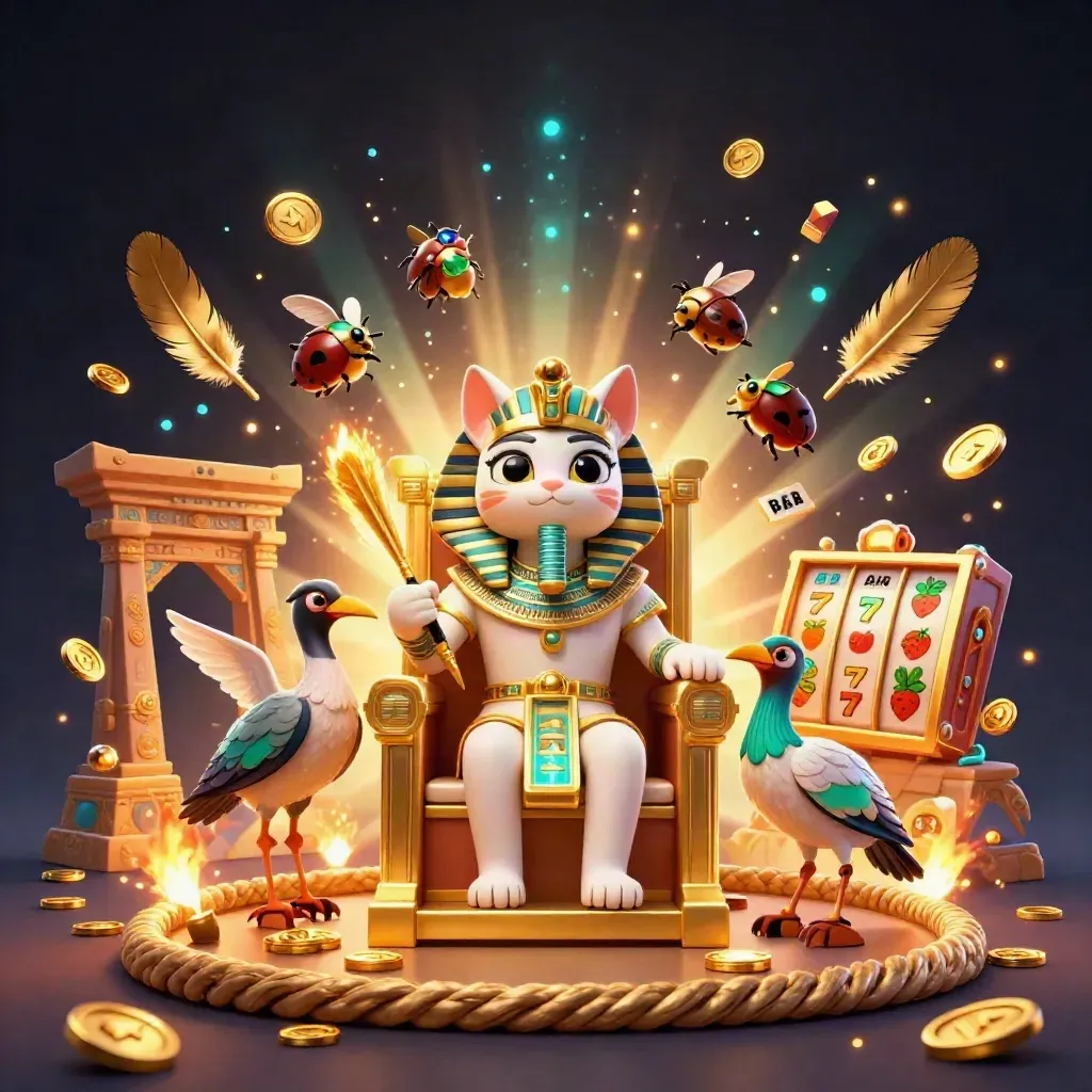Pharaoh cat, ibis scribe and scarabs amid gold reels, coins and temple glow on dark navy.