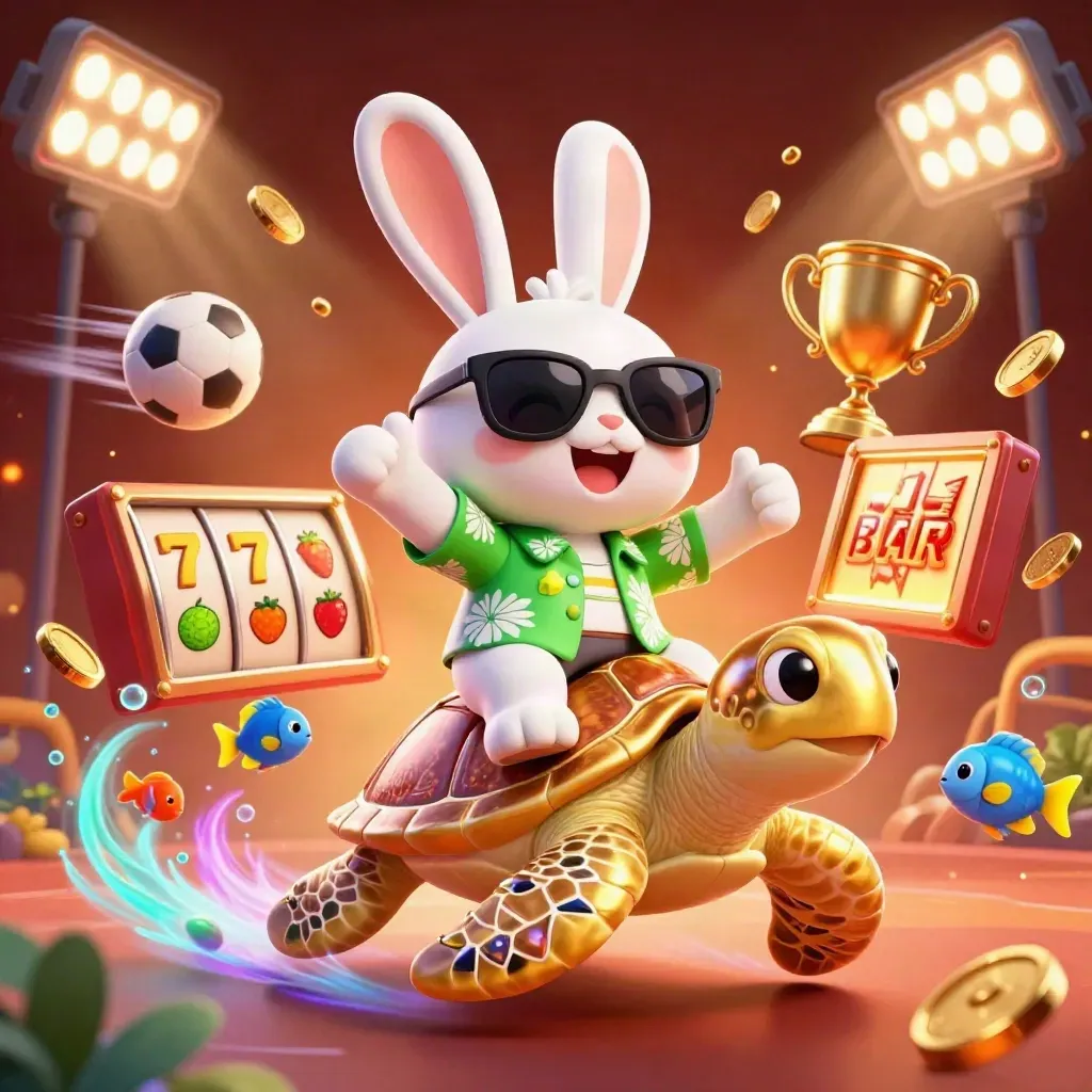 Lucky rabbit rides a jeweled sea turtle amid casino bursts and neon underwater glow.