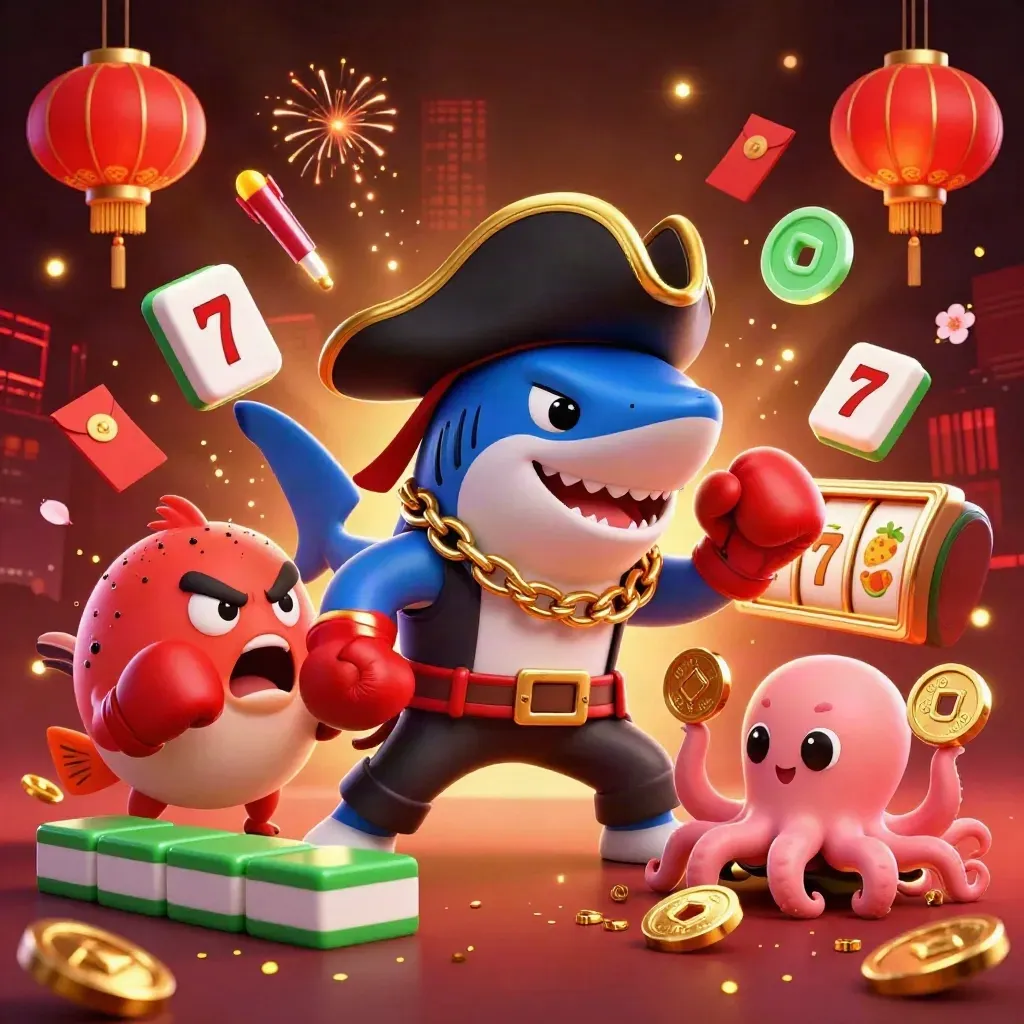 Shark pirate, boxing pufferfish, and coin-juggling octopus amid casino symbols and glowing effects.