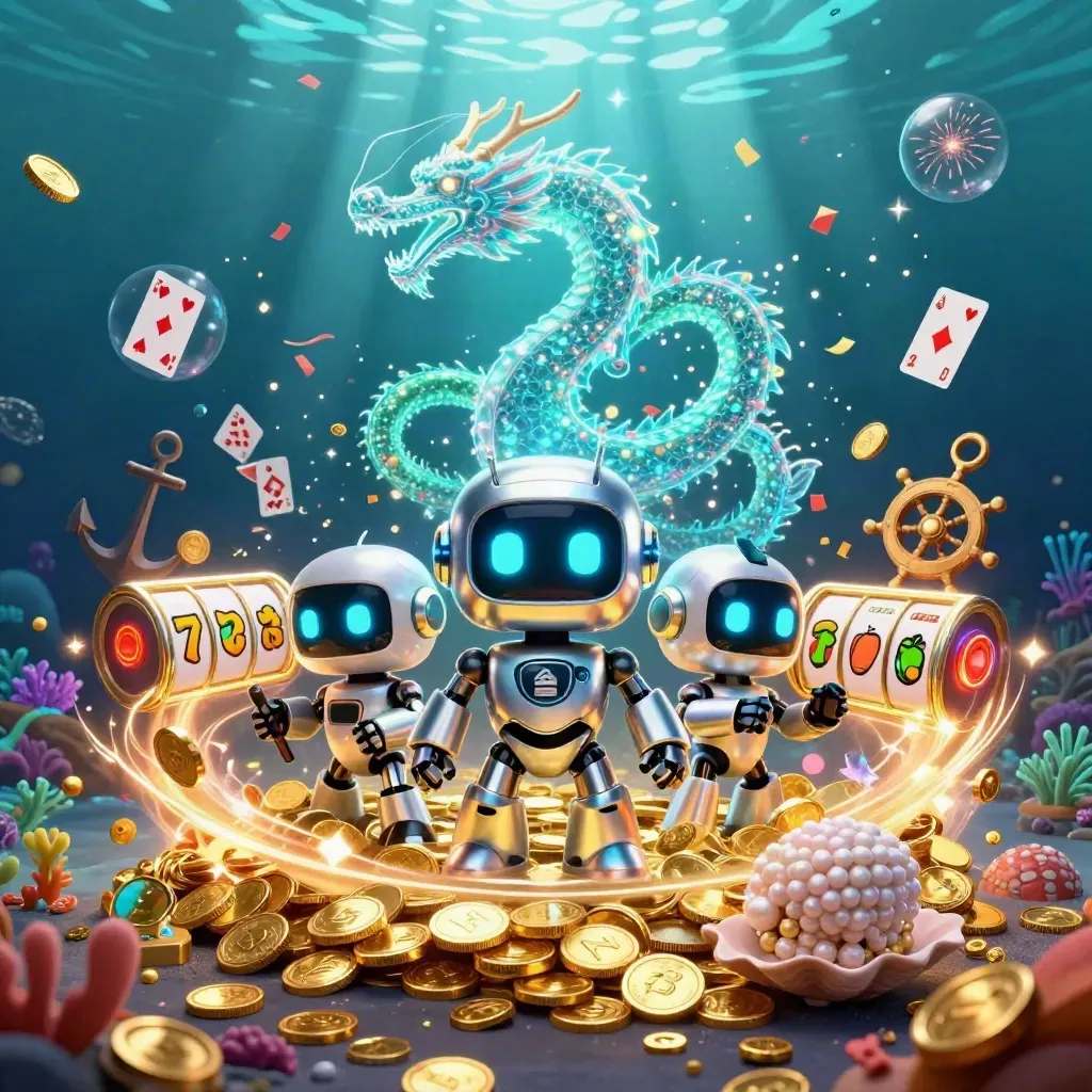 Cyberpunk robot, holographic dragon and coin drone in a glowing underwater casino scene.