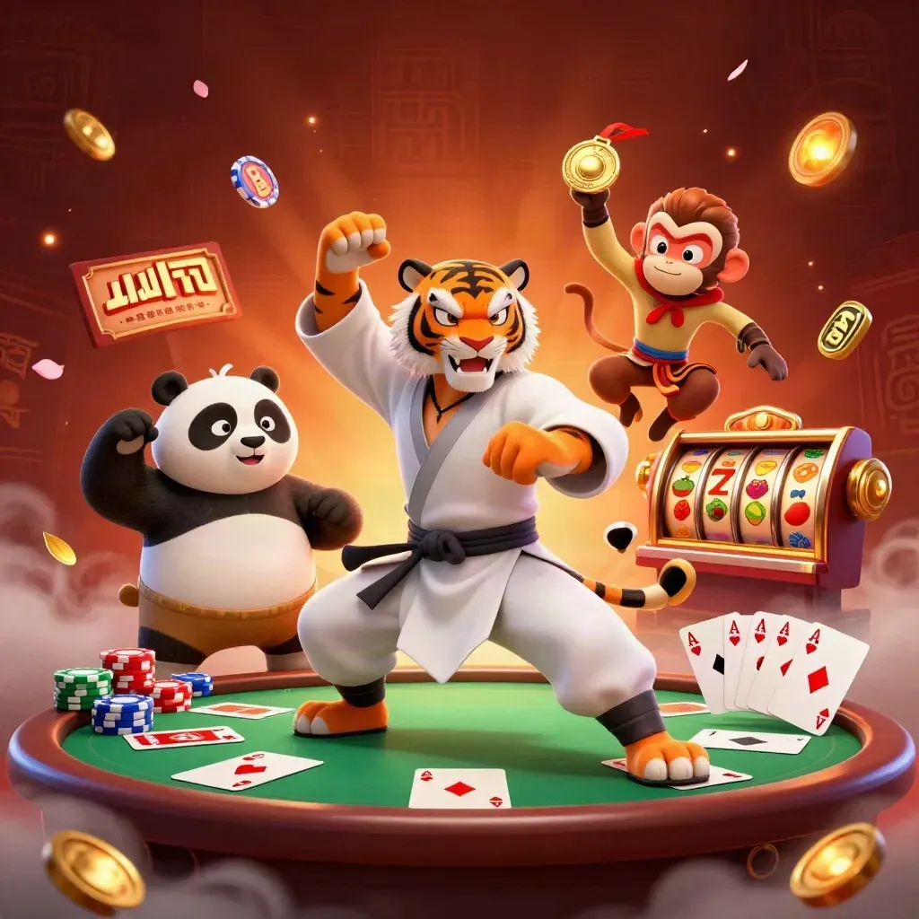 Kung-fu tiger, panda, and monkey amid poker, slots, embers, petals, and gold light