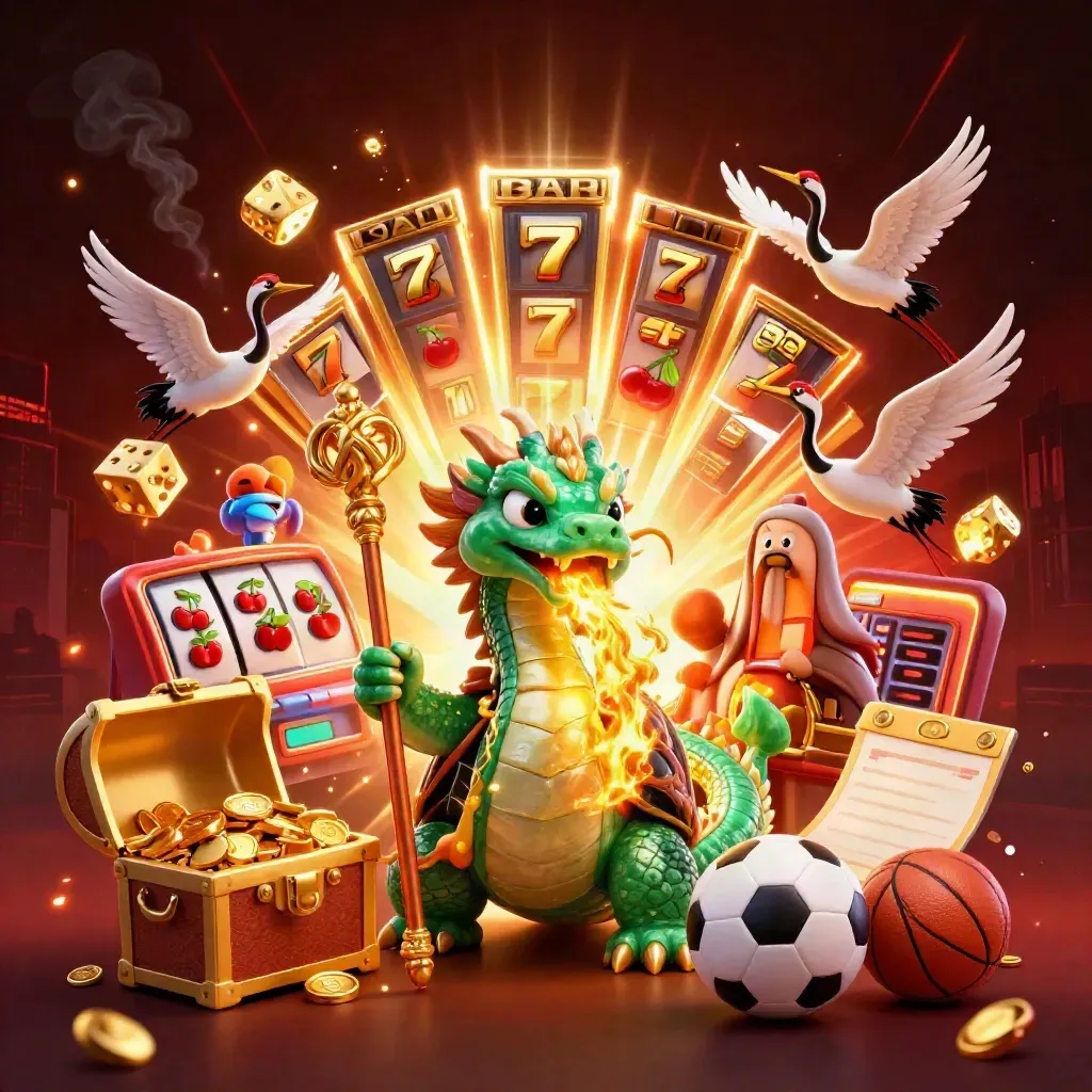 Jade dragon, turtle sage and cranes amid slot bursts, gold sparks, and casino treasure.