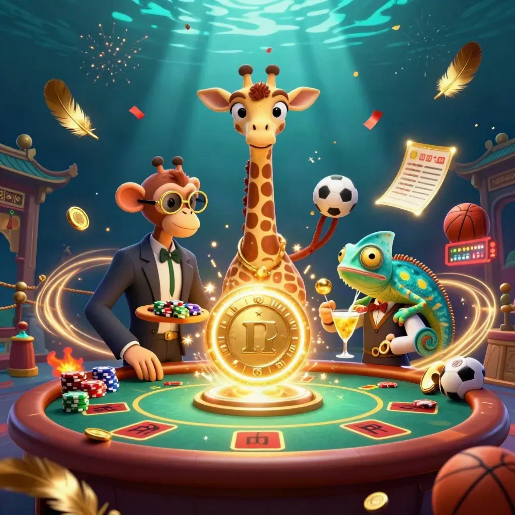Giraffe, monkey, and chameleon at a glowing VIP poker table with casino effects