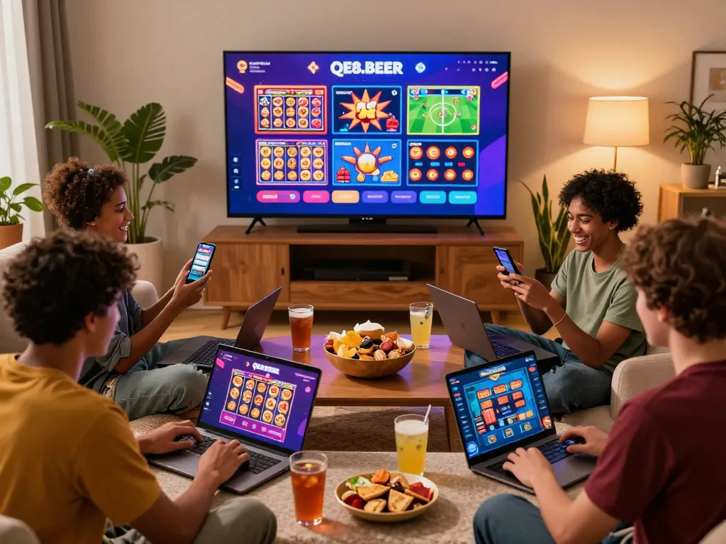 Friends enjoying games on QE8.BEER platform in a vibrant living room, showcasing online gambling fun.