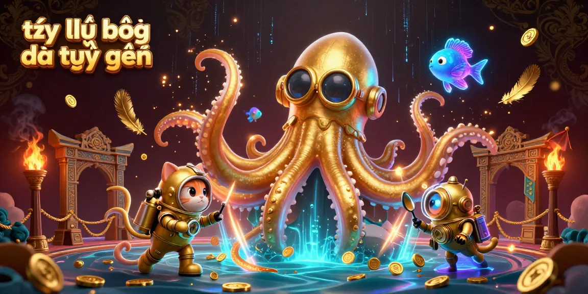 Bet on tỷ lệ bóng đá trực tuyến with stunning 3D illustration of kraken, diving cat, and deep-sea fish.